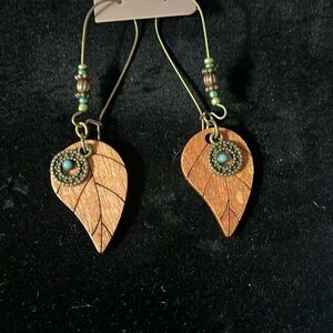 Brown and Blue Leaf Earrings with Mixed-Media Design